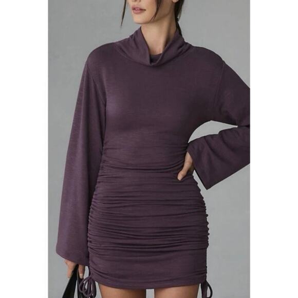 Daily Practice Anthro Long Sleeve Ruched Mini Dress Plum Women's Size Large - Picture 1 of 11